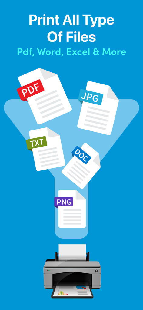 Air Print: Smart Printer App • - Air Print Smart PrinterアプリがPDF、Word、Excelファイルタイプをワイヤレス印刷に対応している様子。