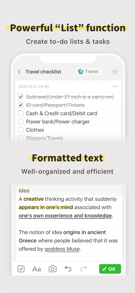 iNote - ideas Note & Notebook - Interface of iNote showing a travel checklist and rich text formatting features