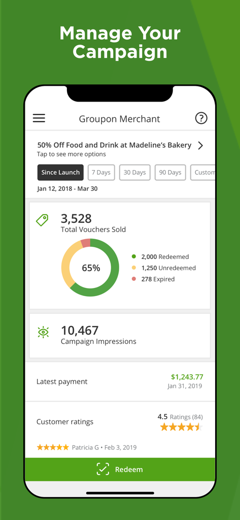 Groupon Merchant - Groupon Merchant app dashboard showing campaign metrics such as total vouchers sold and impressions