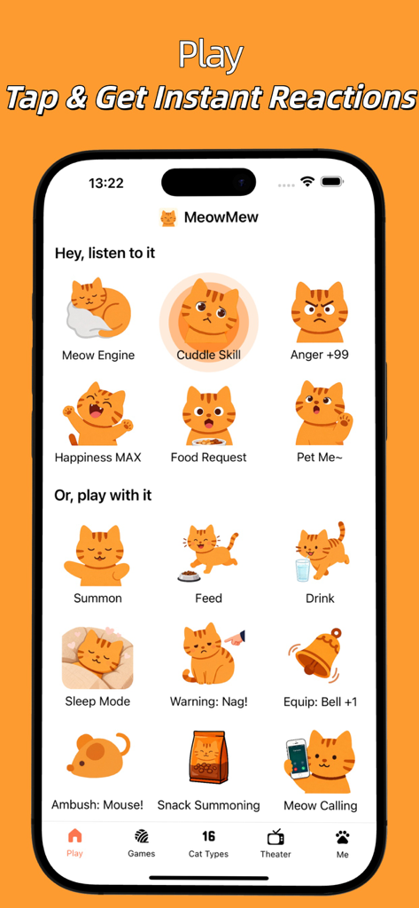 MeowMew - Cat Personality Test - Tela do aplicativo móvel mostrando sons interativos de humor de gato e botões de jogo com ilustrações fofas de gatos ruivos