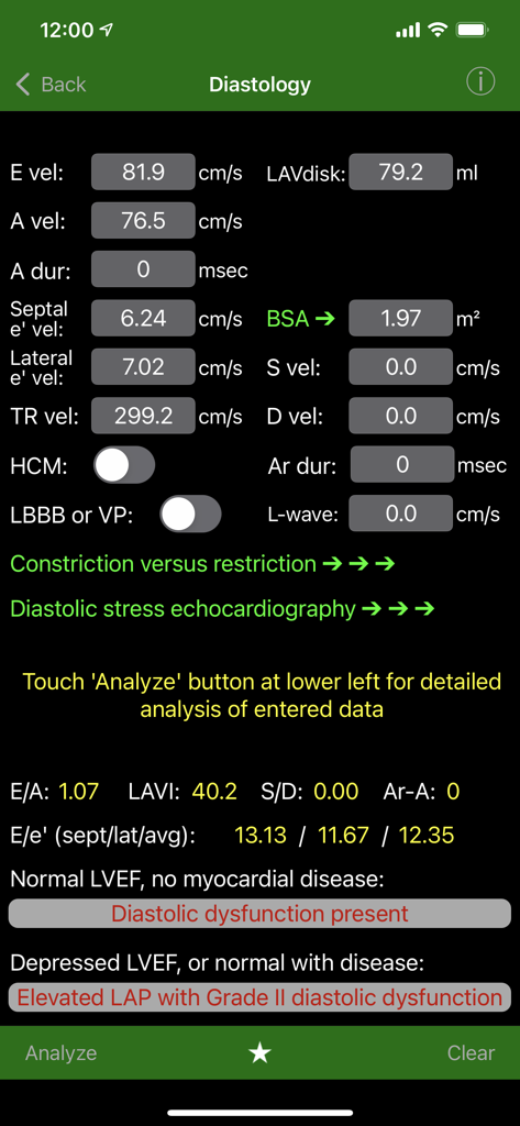 EchoLabモバイルアプリ画面、拡張機能測定値および臨床診断概要を表示