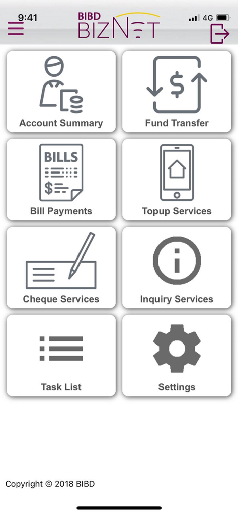 BIBD Biznet Mobile dashboard showing corporate banking services including account summary and fund transfers