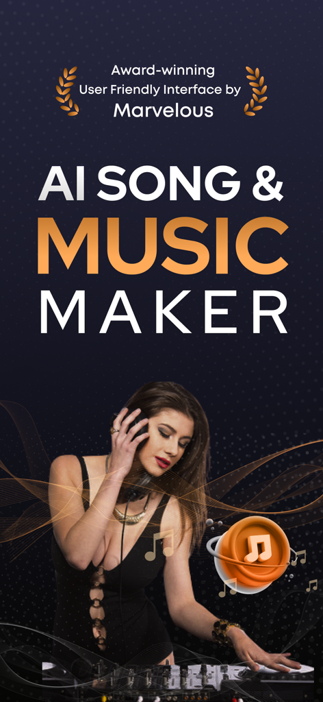 Promotional screen for AI Song and Music Maker app showing a woman DJ and award winning interface text