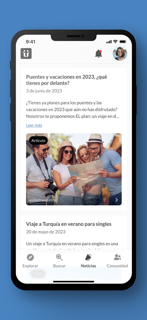Mobile app screen for Uniite Travel showing the news feed with travel articles and a photo of a group of friends planning their trip with a map
