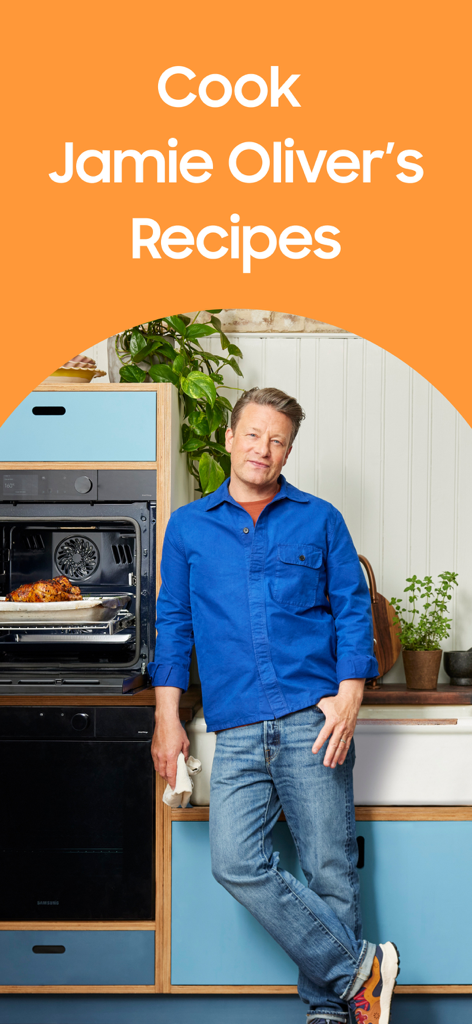 Jamie Oliver standing in a kitchen promoting his recipes on the Samsung Food app.