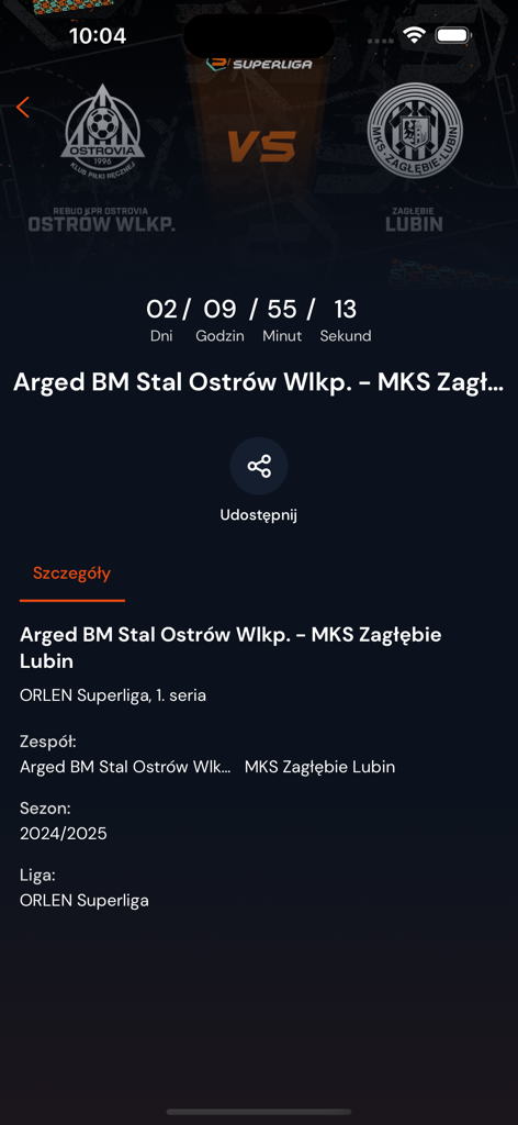 Emocje.TV 스트리밍 앱의 핸드볼 경기 세부 정보 및 카운트다운 타이머