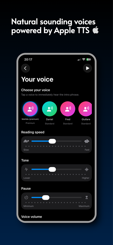 Offline AudioBook: VoiceReader - Interfaz para elegir voces de sonido natural y ajustar la velocidad de lectura en la aplicación VoiceReader
