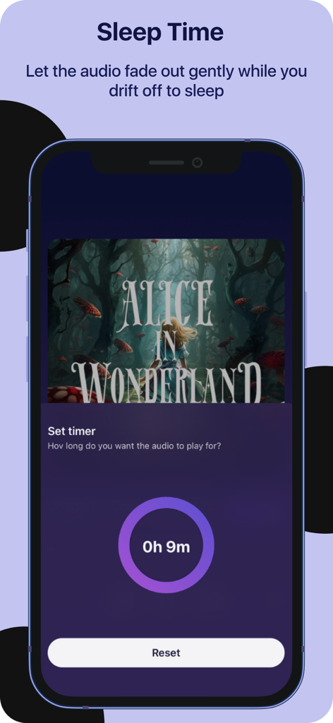 Yawn: Sleep Sounds, Audiobooks - Tela de temporizador de sono no aplicativo Yawn com a capa do audiobook Alice no País das Maravilhas