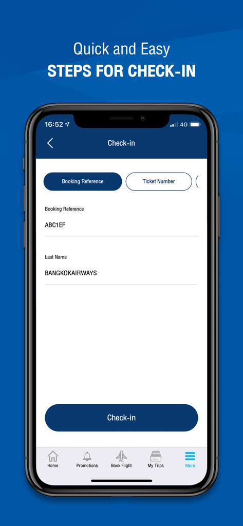Bangkok Airways - 予約番号と姓の入力フィールドが表示されたバンコクエアウェイズのオンラインチェックインインターフェースを示すモバイル画面