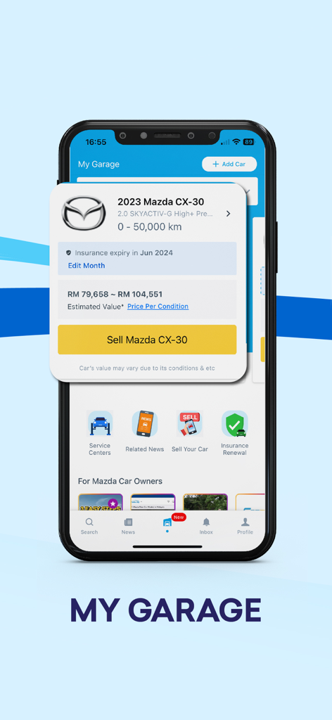 Carlist.my app My Garage screen with Mazda CX-30 valuation and sell button