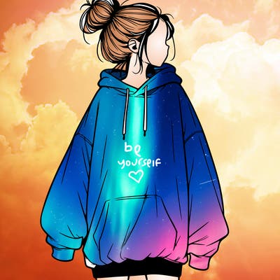 realistic girl with a oversized sweatshirt on and a bun