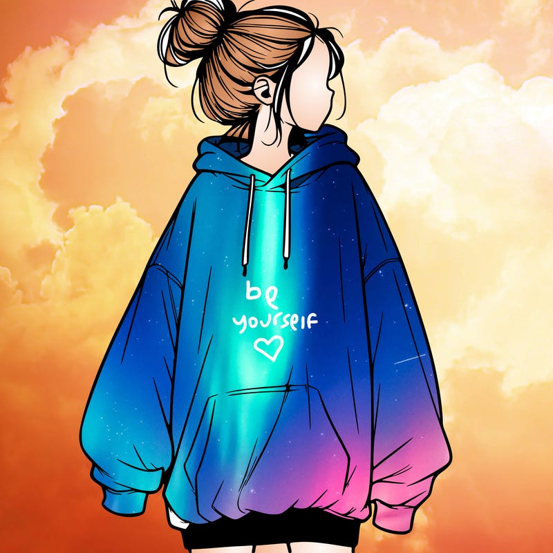 realistic girl with a oversized sweatshirt on and a bun