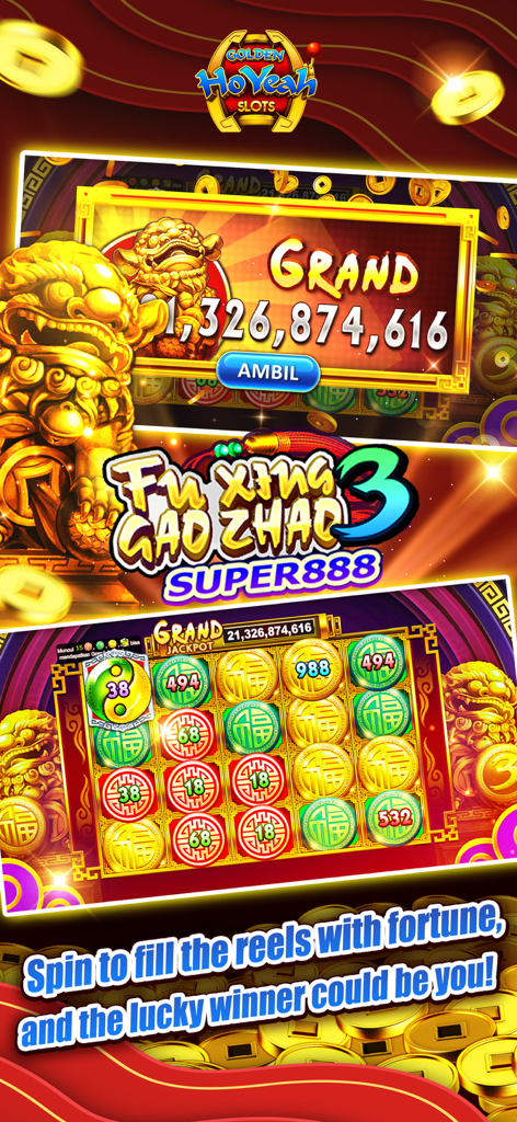 Interfaz del juego GoldenHoYeah Slots que muestra un gran jackpot y carretes de tragamonedas de temática asiática
