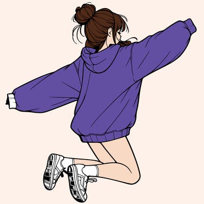 realistic girl jumping with a bun and oversized sweatshirt
