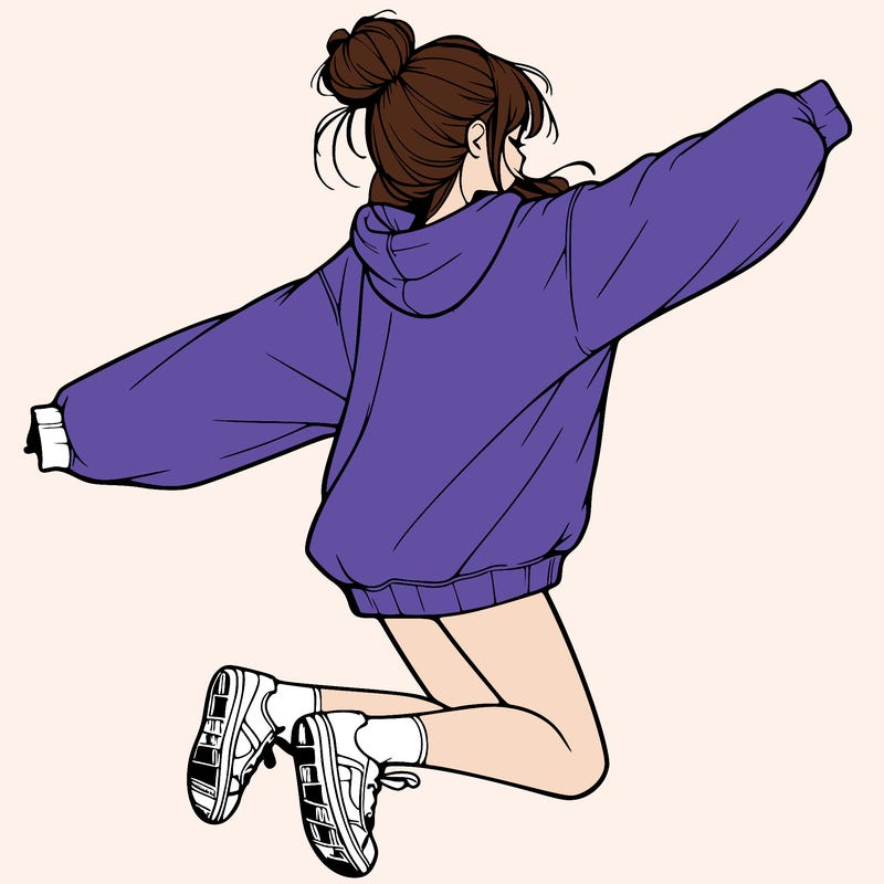 realistic girl jumping with a bun and oversized sweatshirt