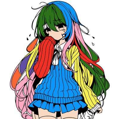 anime girl with long hair and sweater with a skirt crying