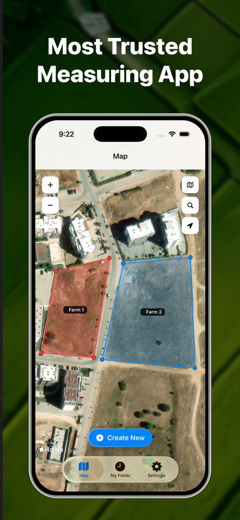 Smartphone mostrando la app de Medición de Campos GPS con dos áreas de finca delineadas en un mapa satelital