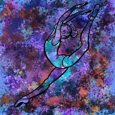 gymnast doing a leap in a leotard with a bent back leg