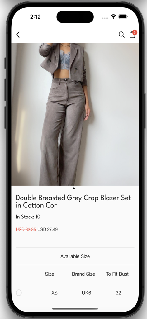 Bovary - Product page for a grey double breasted crop blazer set in the Bovary shopping app