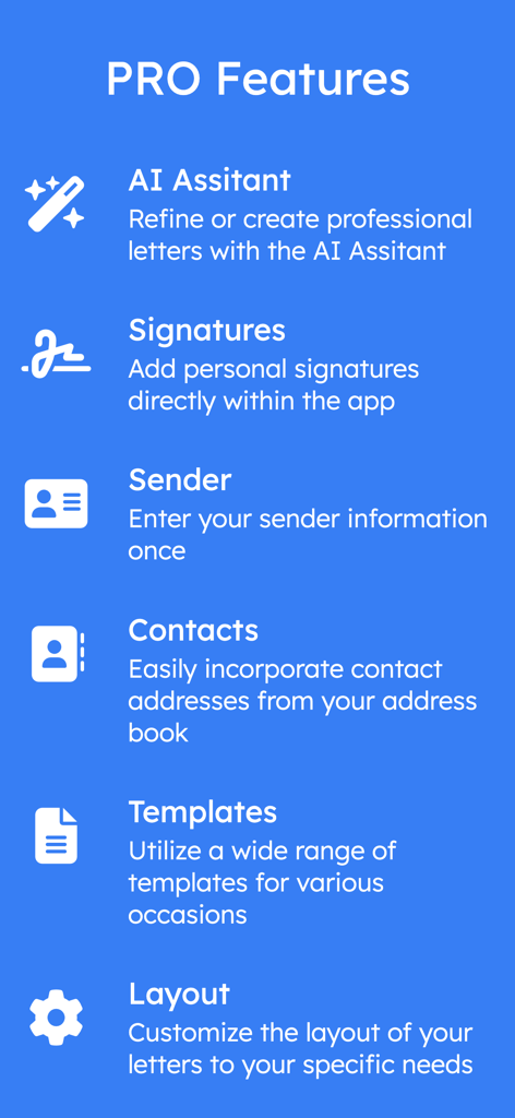Letter: just write letters - Una lista de características profesionales para la app Letter que incluyen asistente de IA y firmas personalizadas