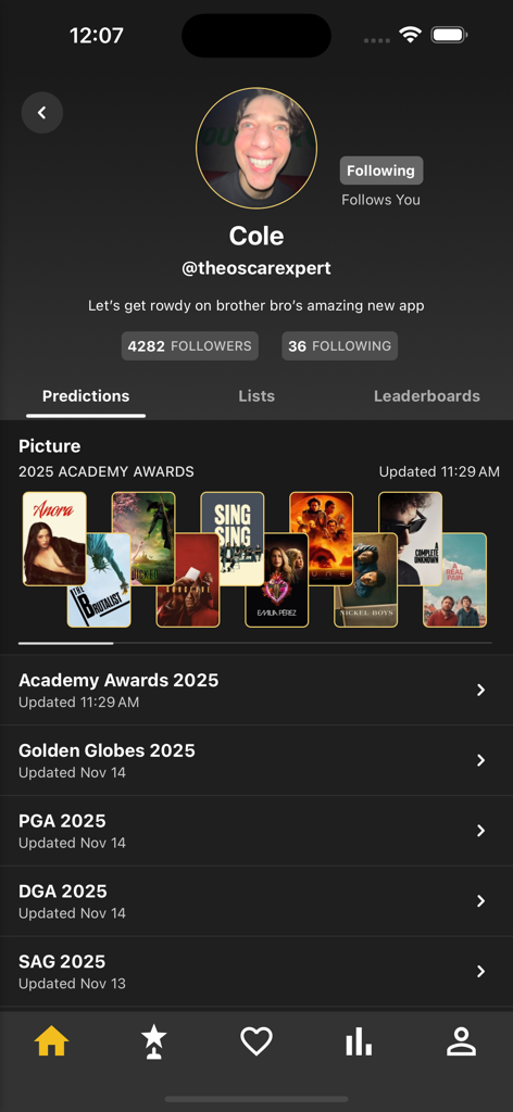 Award Expert app user profile screen showing movie predictions for the 2025 Academy Awards and follower statistics