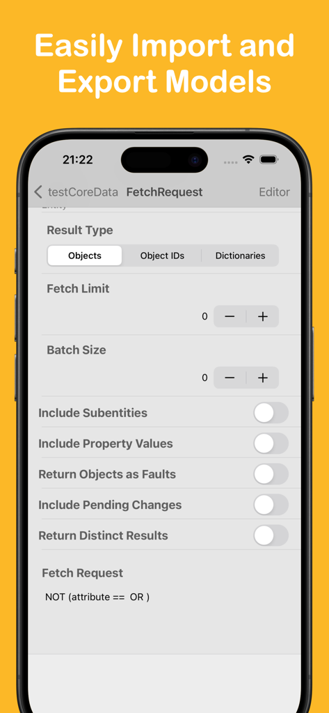 Core Data Manager - Interface de l'application Core Data Manager montrant les options de configuration pour une requête de récupération sur un écran d'iPhone