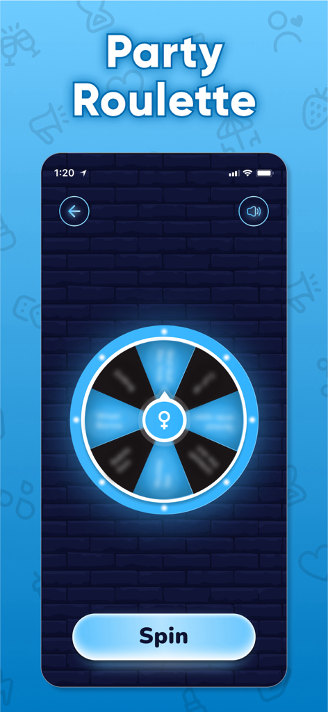 House Party: Adult Party Games - A digital roulette wheel game screen titled Party Roulette with a spin button.