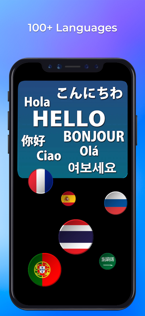 Pantalla de smartphone mostrando la aplicación Text Scanner AI con soporte para más de 100 idiomas y banderas internacionales.