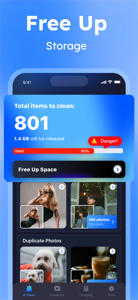 Cleanup guru - Speed Booster - Interfaz de la aplicación Cleanup guru mostrando análisis de almacenamiento y eliminación de fotos duplicadas.