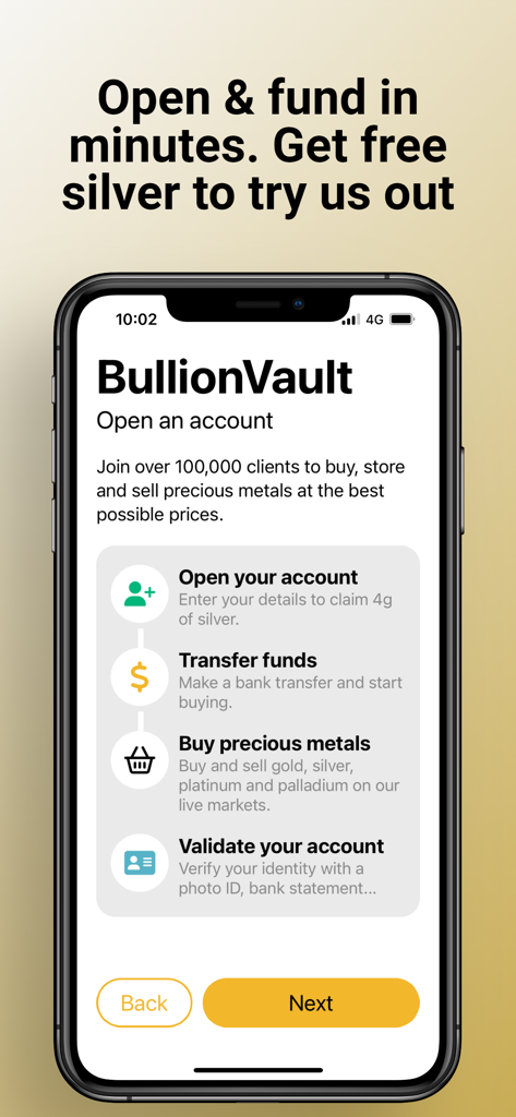 BullionVaultモバイルアプリ画面。アカウントを開設し、貴金属の取引を開始するための4つのステップを表示。