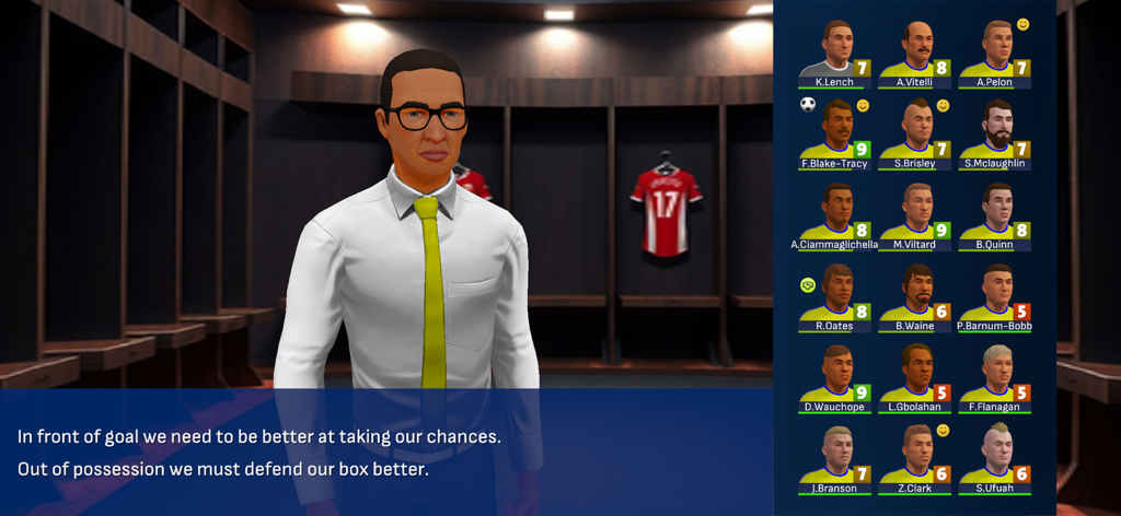 First Team Manager Season 2026 - A 3D soccer manager in a locker room giving tactical feedback next to a squad list with player ratings