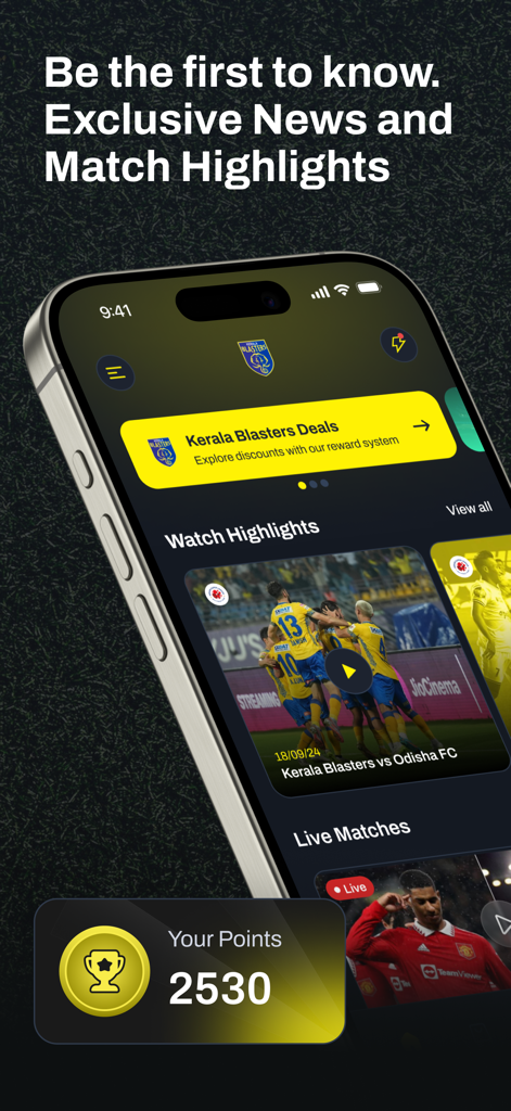 Kerala Blasters FC - Une interface d'application mobile pour Kerala Blasters FC montrant les faits saillants des matchs et les points des fans.