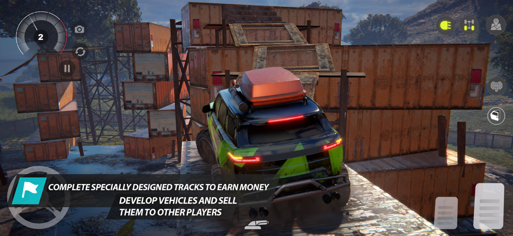 Offroad League Online - Um SUV verde personalizado navegando em uma pista de obstáculos com contêineres em Offroad League Online.