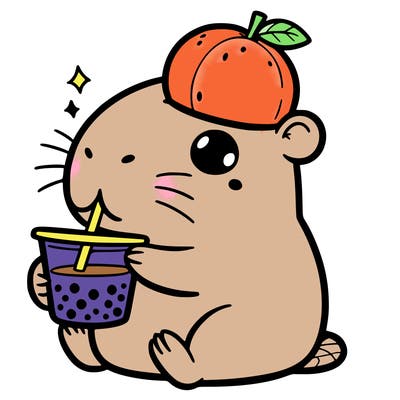 capybara drinking boba with a orange on its head