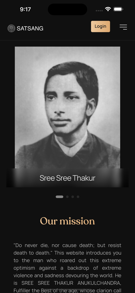 Satsang Official - Portrait of Sree Sree Thakur and mission statement on the Satsang Official app