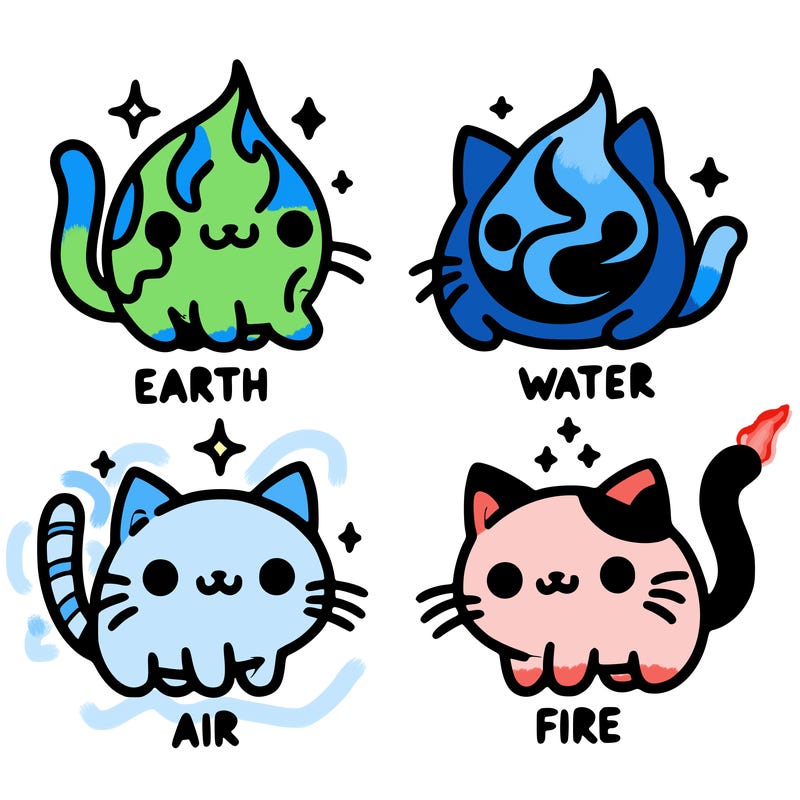 4 cats that represent the different elements, earth, water, air, and fire