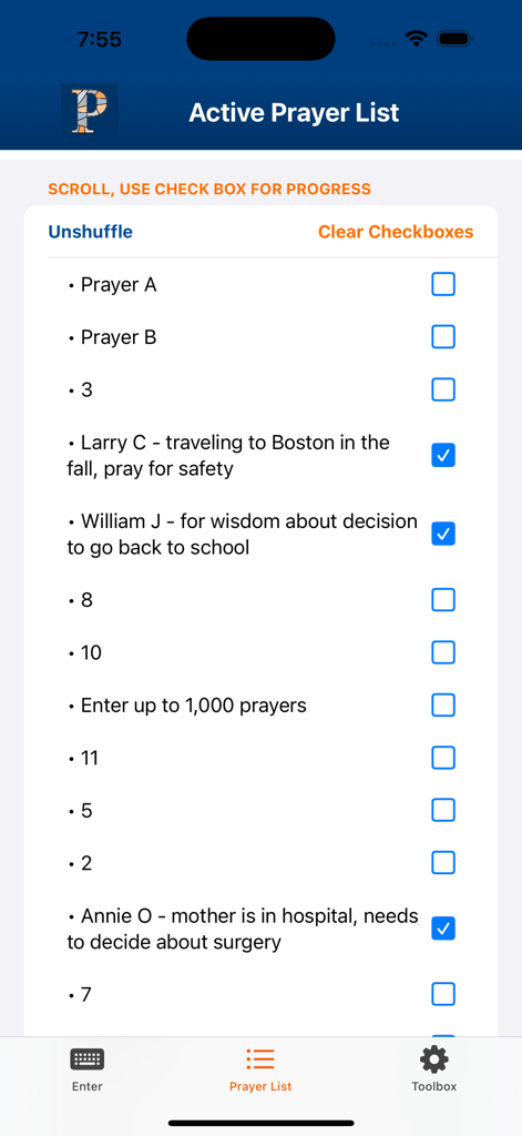 PrayerPoint: Prayer List - A screen showing an active prayer list with checkboxes for individual prayer requests in the PrayerPoint app