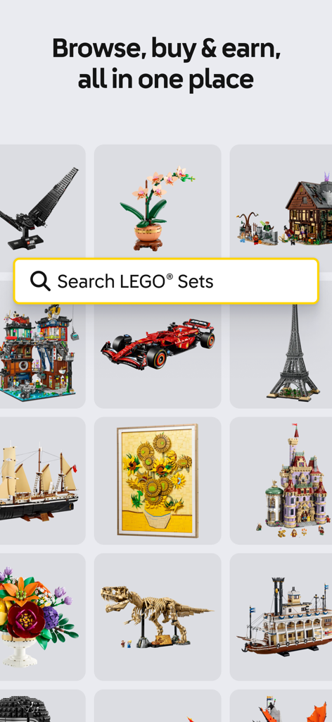 Interface de l'application LEGO Insiders affichant une grille de divers sets LEGO pour adultes avec une barre de recherche