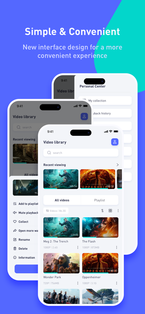 X Player - Watch TV and Movies - X Player mobile app interface showing the video library with movie thumbnails and file management options.