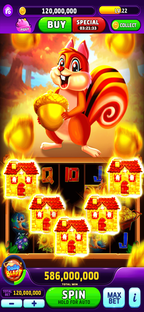 Wild Vegas - Casino Slots - Gameplay screenshot of Wild Vegas Casino Slots featuring a cartoon squirrel and a major coin jackpot