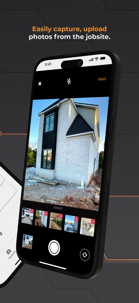 ConstructionOnline - Smartphone displaying the ConstructionOnline app interface for capturing and uploading jobsite photos
