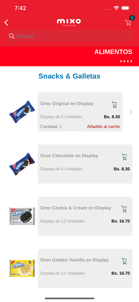 Aplicativo móvel Mixo exibindo a categoria de lanches e biscoitos com vários produtos Oreo disponíveis para compra