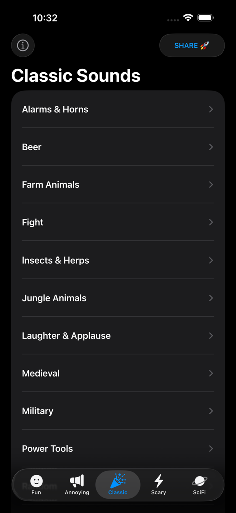 Sound Effects Boards Pro - A list of classic sound effect categories like alarms, animals, and laughter on a dark mobile app interface