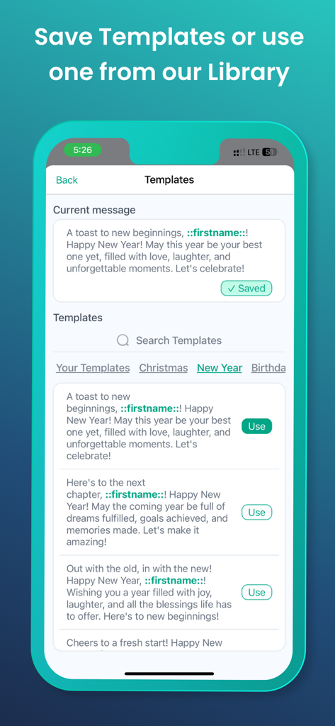 Hit Em Up: Mass Text Bulk SMS - Interface of the Hit Em Up app showing personalized text message templates with placeholders for mass texting