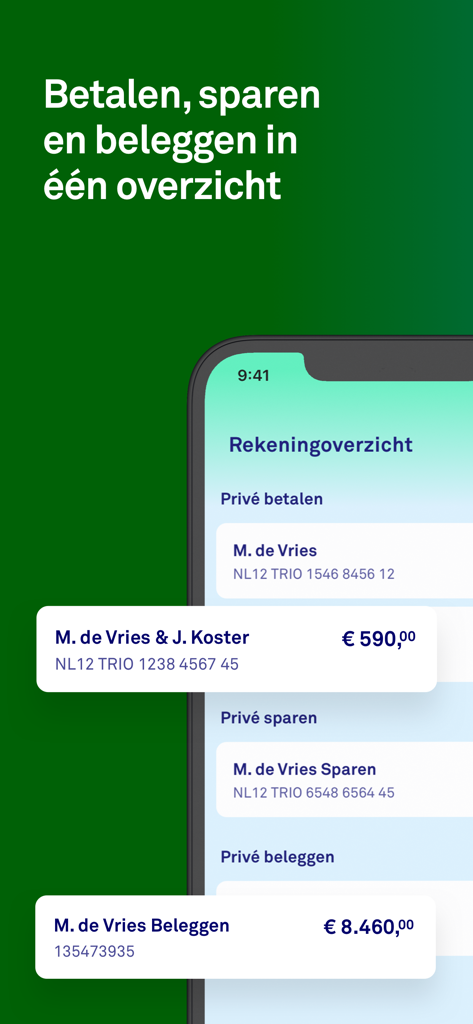 Triodos Bank app interface showing an account overview for payments savings and investments