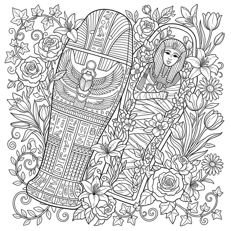 Journey through history and nature with this intricate coloring page featuring an ancient sarcophagus and mummy surrounded by vibrant spring blooms. It's a unique fusion of Egyptian mystery and seasonal renewal, perfect for a mindful coloring experience.