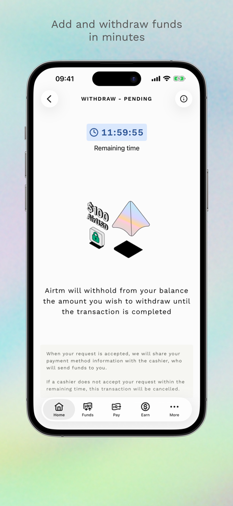 Interface de l'application Airtm montrant une transaction de retrait en attente avec un compte à rebours et les détails de la transaction
