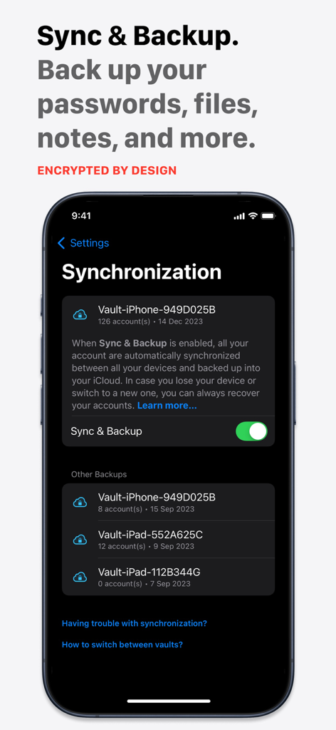 iPhone screen showing synchronization and backup settings in the Password Manager by 2Stable app