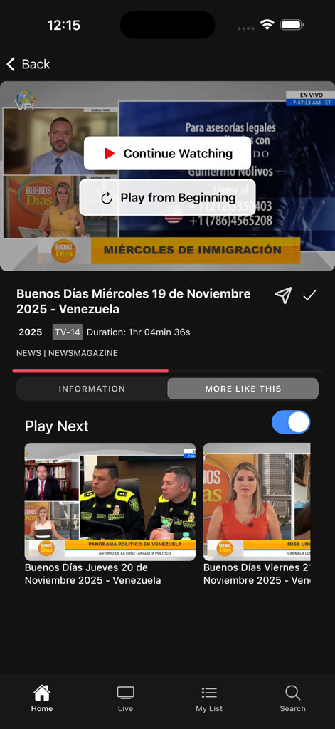 Interfaz de reproducción de video de la app de noticias VPI TV con un segmento de noticias y opciones para reproducir el siguiente.
