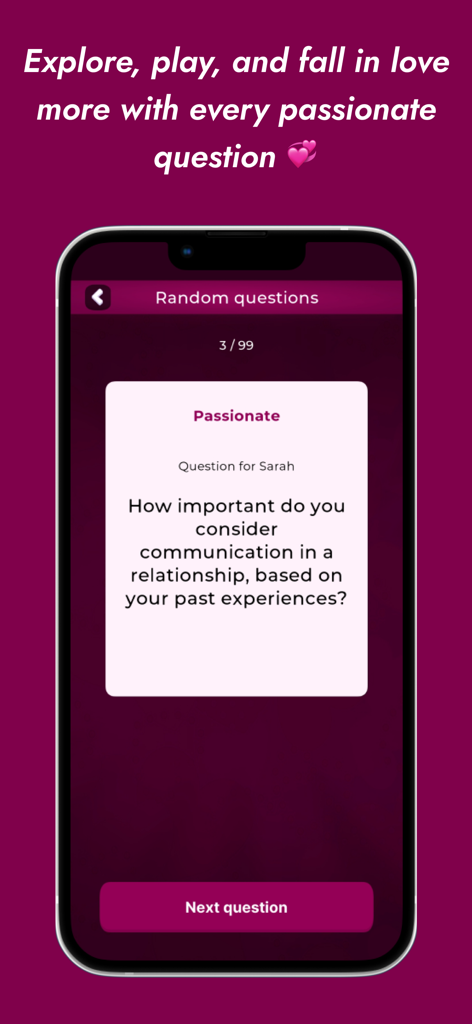 Una pregunta de relación apasionada sobre la comunicación en la pantalla de la app Juego de Amor.